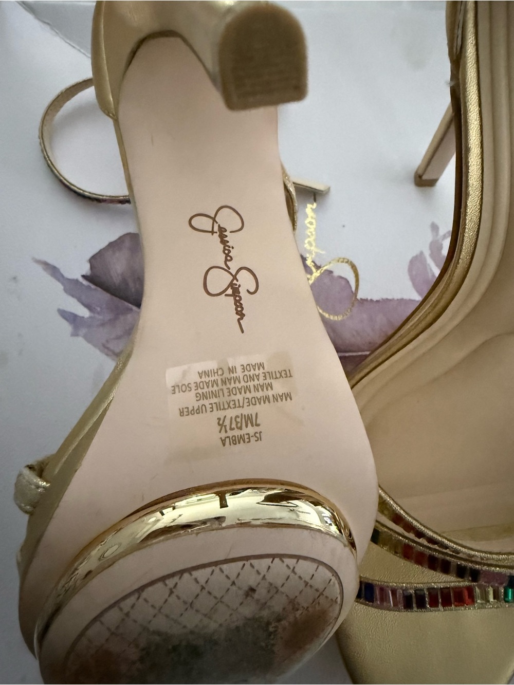 Jessica Simpson Gold Metallic Platform Heels with Multicolor Gem Straps - Picture 7 of 8